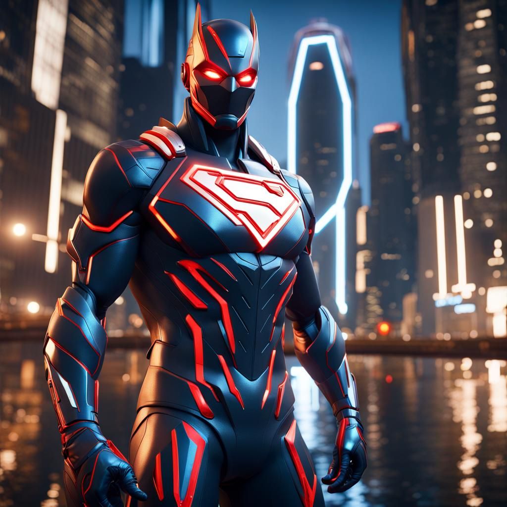 Dynamic Superhero in High-Tech Suit: 3D Game Cinematic