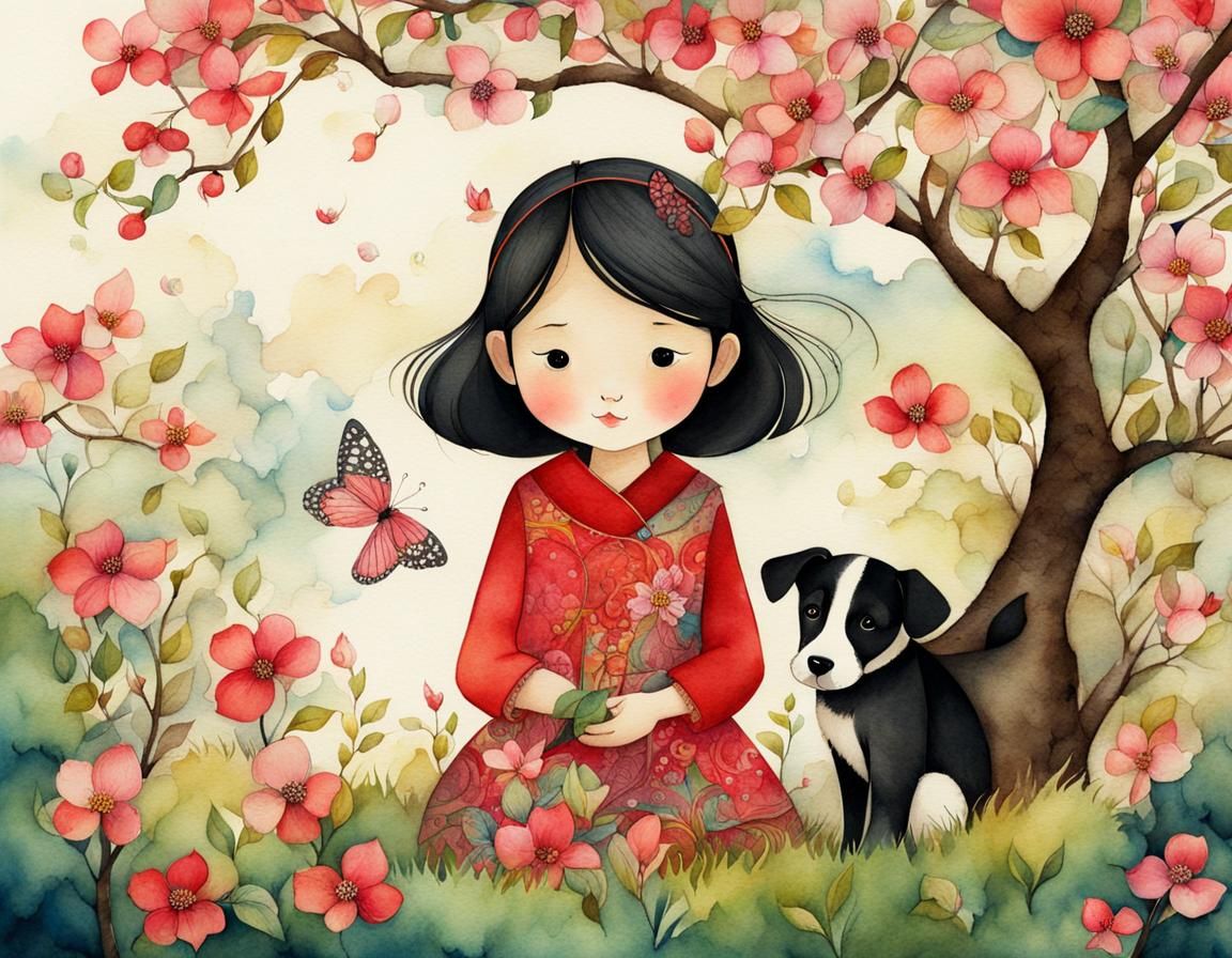 Girl and Puppy Under Dogwood Tree: Watercolor Illustration