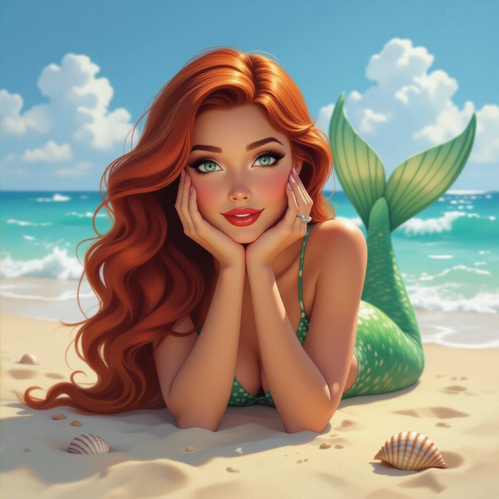 Siren with Crimson Hair on a Misty Beach