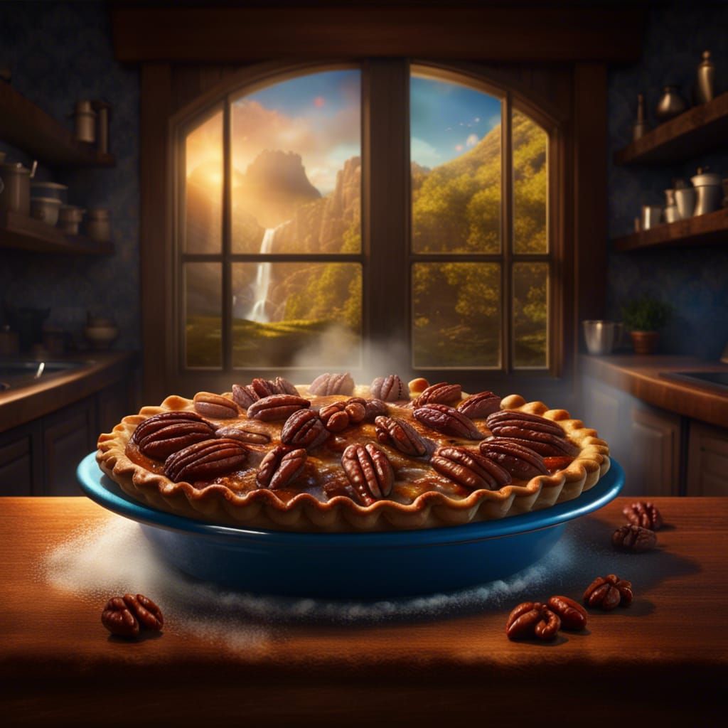 Hyperrealistic Steaming Pecan Pie in Cozy Kitchen