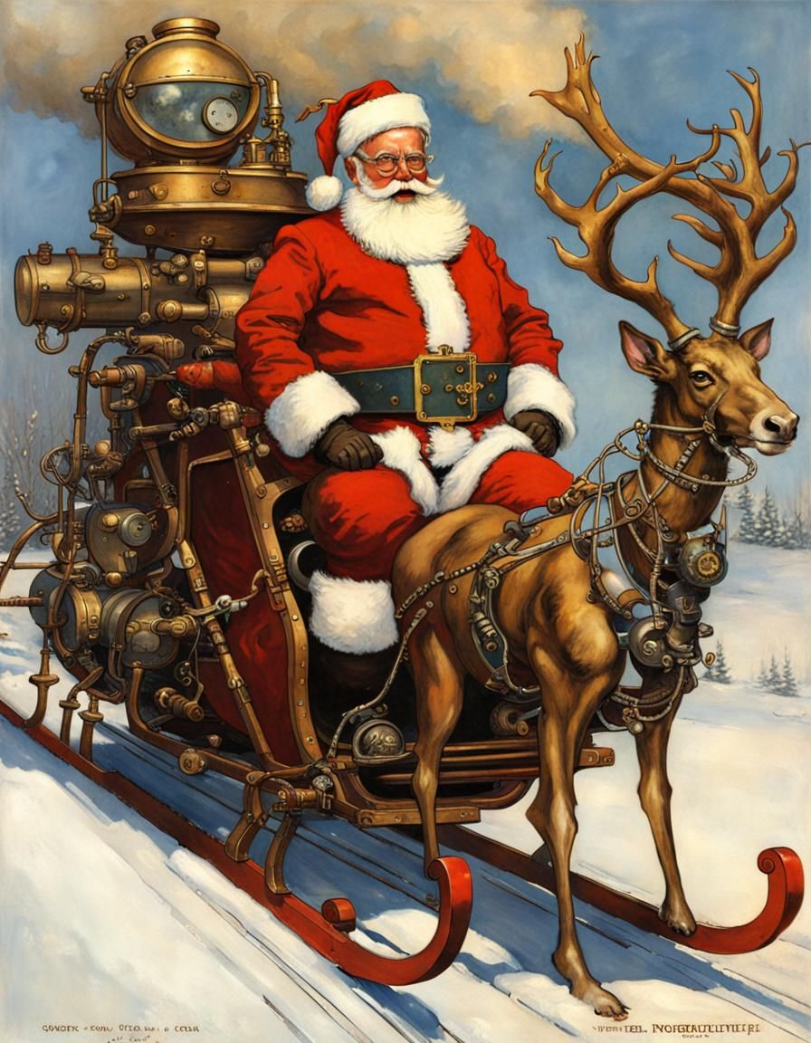 Steampunk Santa with Robot Reindeer