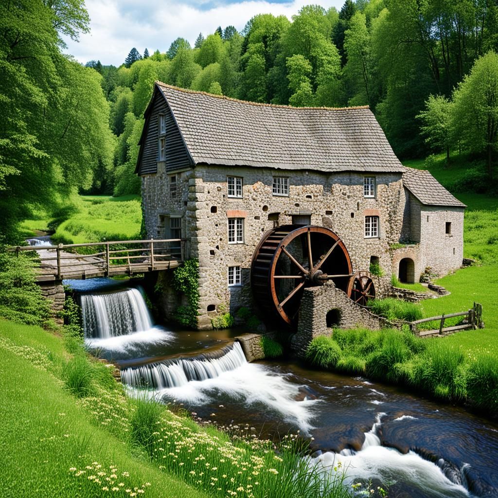 Picturesque Old Mill Scene with Water Wheel