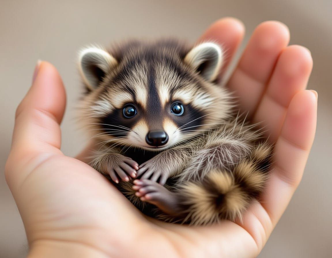 Ultra-Realistic Photo of Baby Raccoon in Hand
