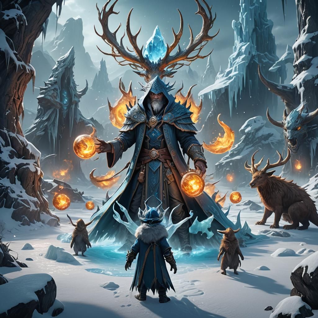 Ice Mage Summons Creatures in Detailed Digital Painting