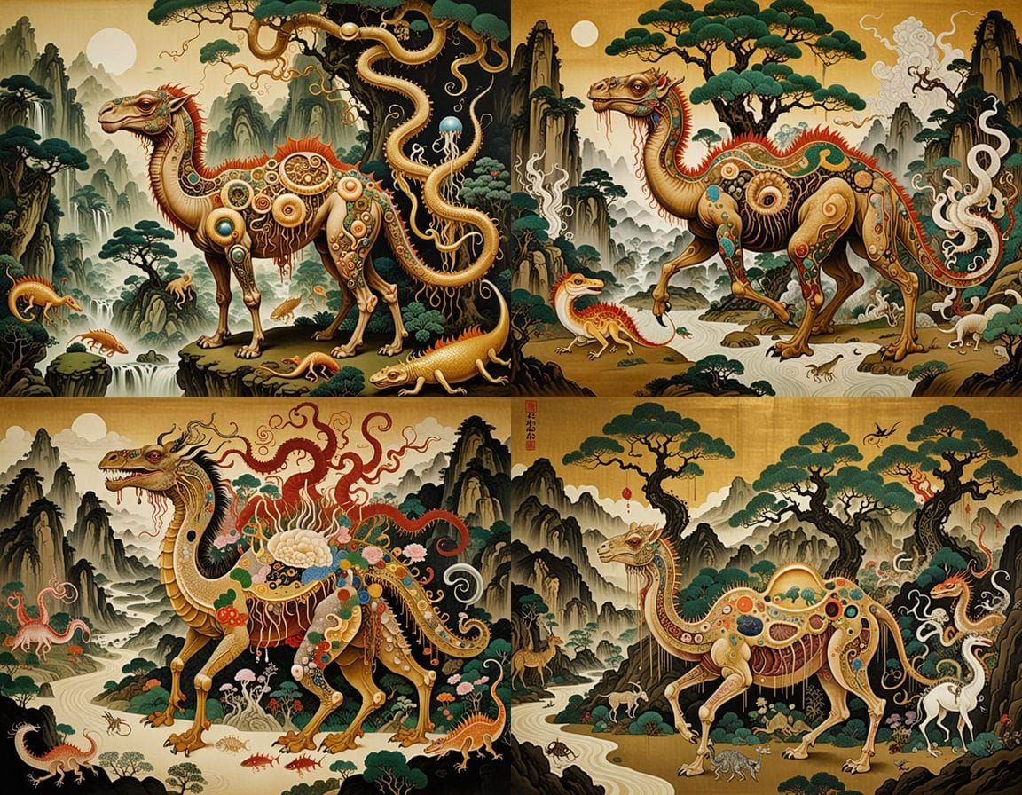 Surreal Landscape with Golden Motifs in Klimt Style