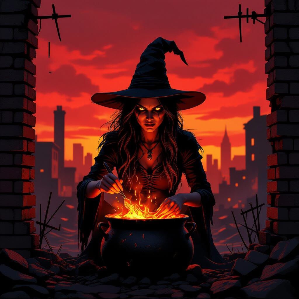 Menacing Witch Stirs Molten Gold in Urban Decay Landscape