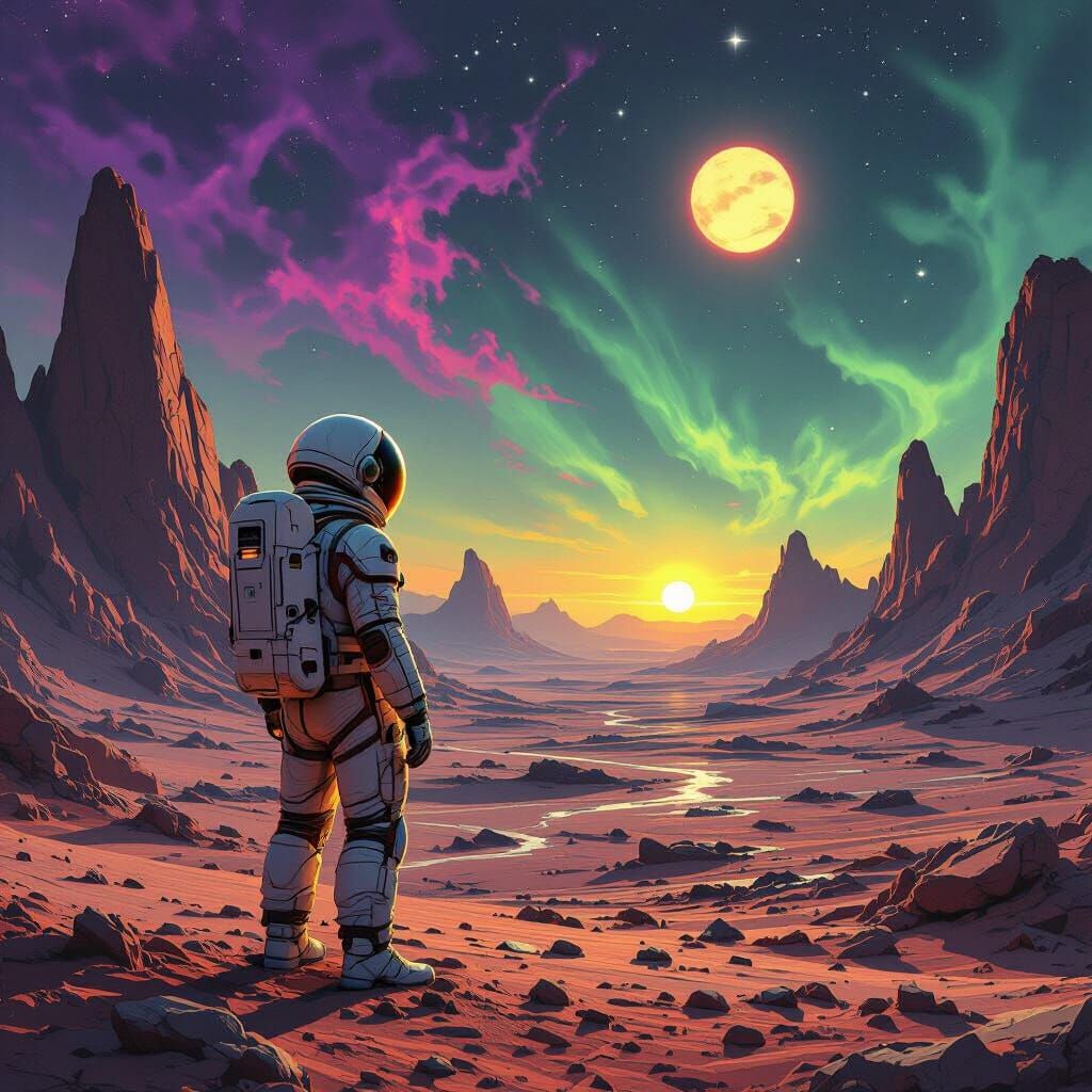 Astronaut on Alien Planet Gazing at Binary Sunset