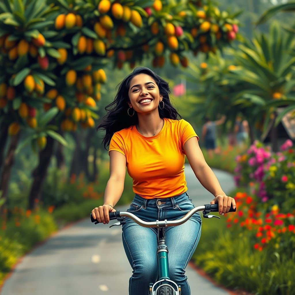 Woman Riding Bicycle Through Vibrant Village Landscape