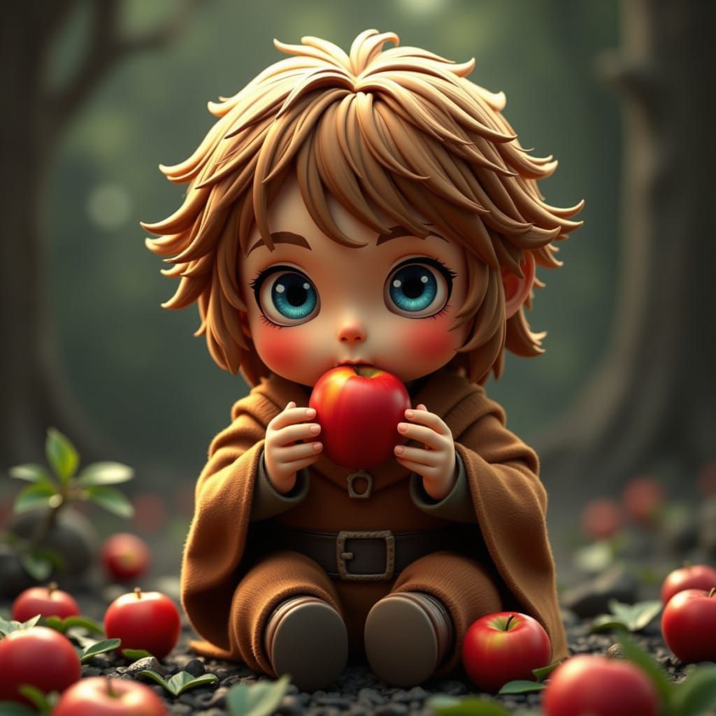 Chibi Frodo Baggins Enjoying a Crunchy Apple
