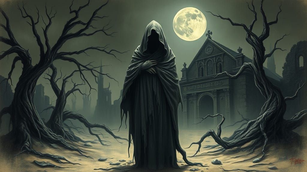 Moonlit Ghost Amidst Ancient Ruins