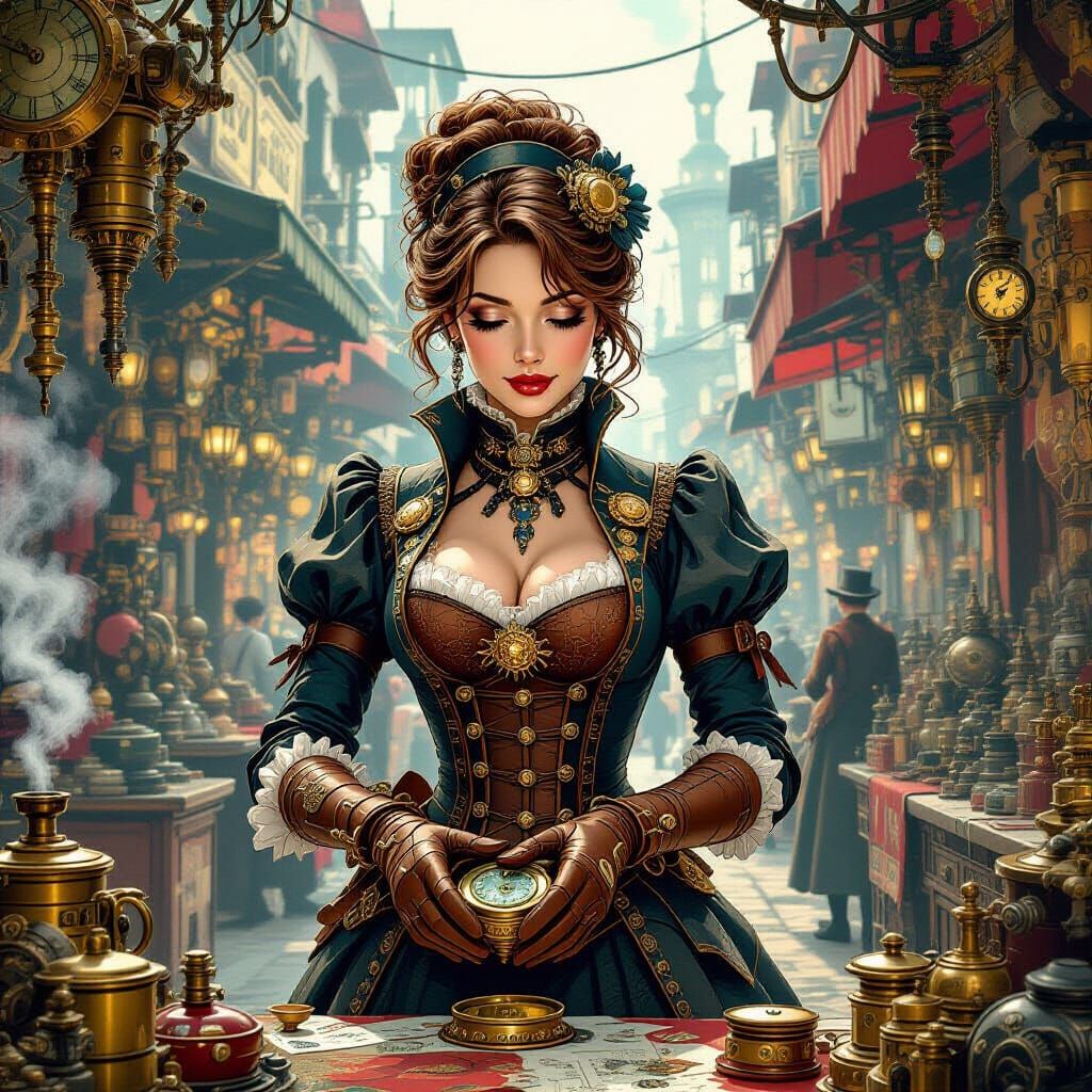 Steampunk Bazaar: Victorian Woman and Clockwork Automatons