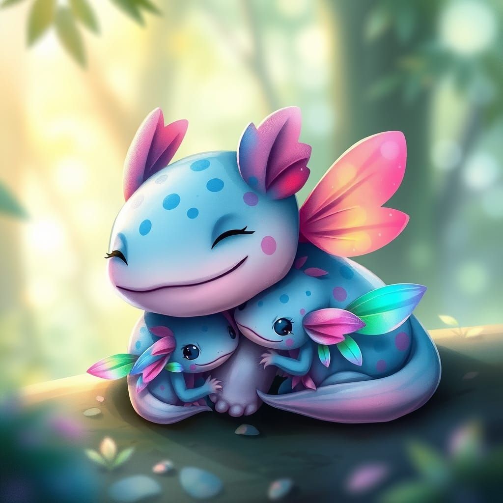 Whimsical Axolotl Family in Miyazaki-Inspired Forest Scene