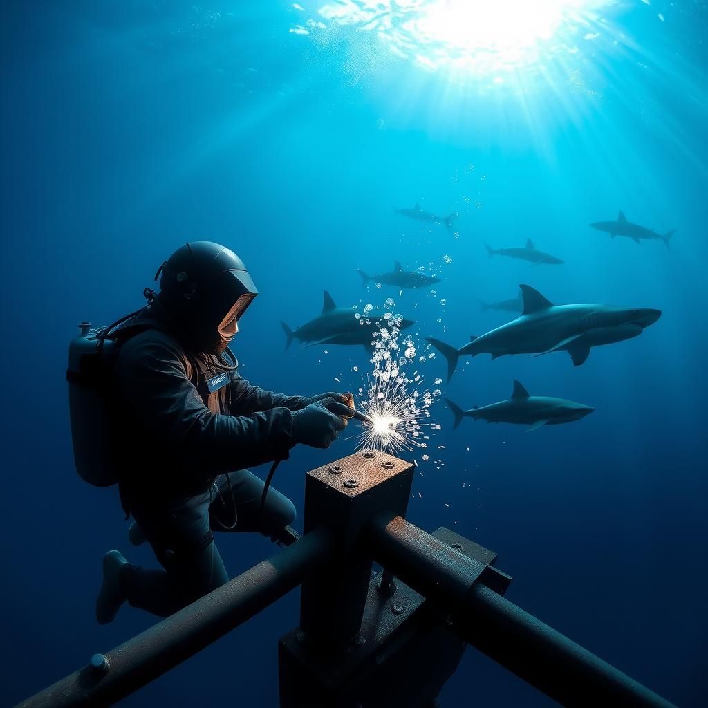Underwater Welder with Sharks in Deep Blue Sea