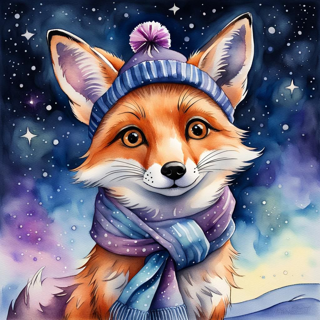 Watercolor Toy Fox Gazing at Starry Night