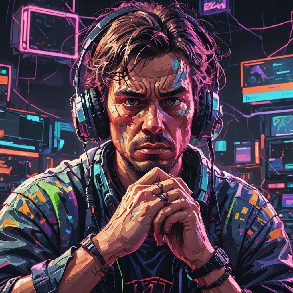 Gamer Frustration in Glitch Art Style