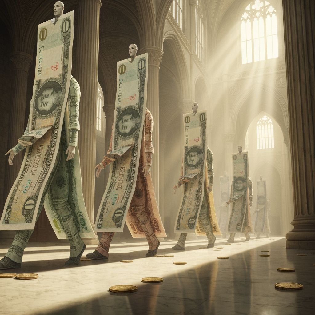 Anthropomorphic Banknotes Procession in Grand Hall