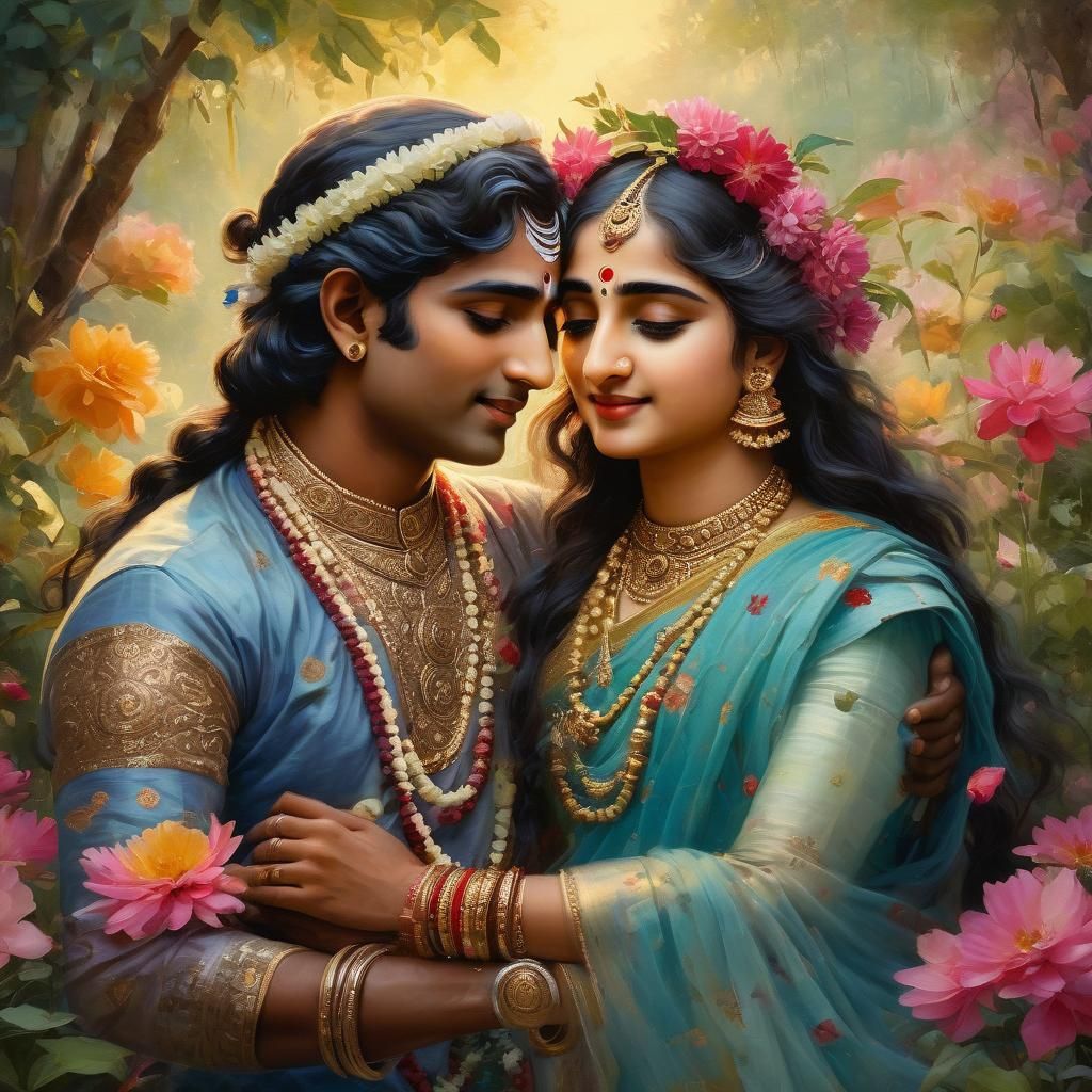 Krishna and Rukmini Embrace in Brindhavan as Watercolor