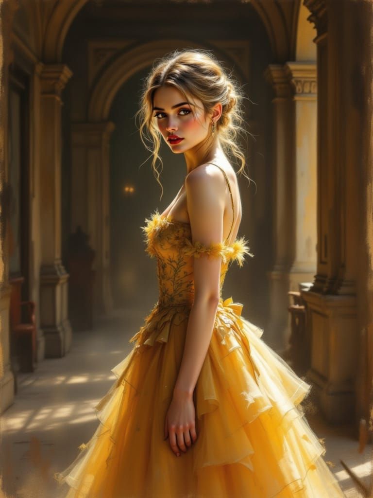 Regal Young Woman in Golden Palace Chamber