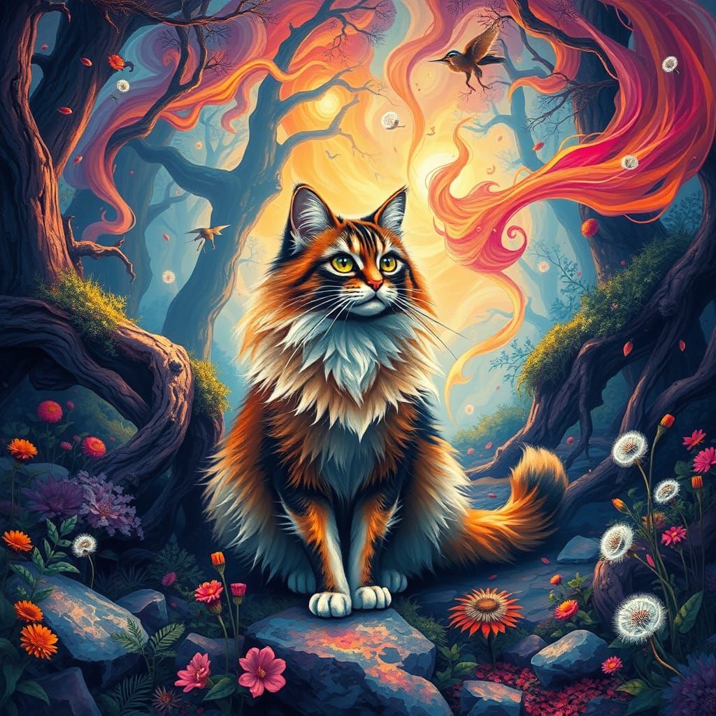 Mystical Forest Cat in Vibrant Ink Sketch Style