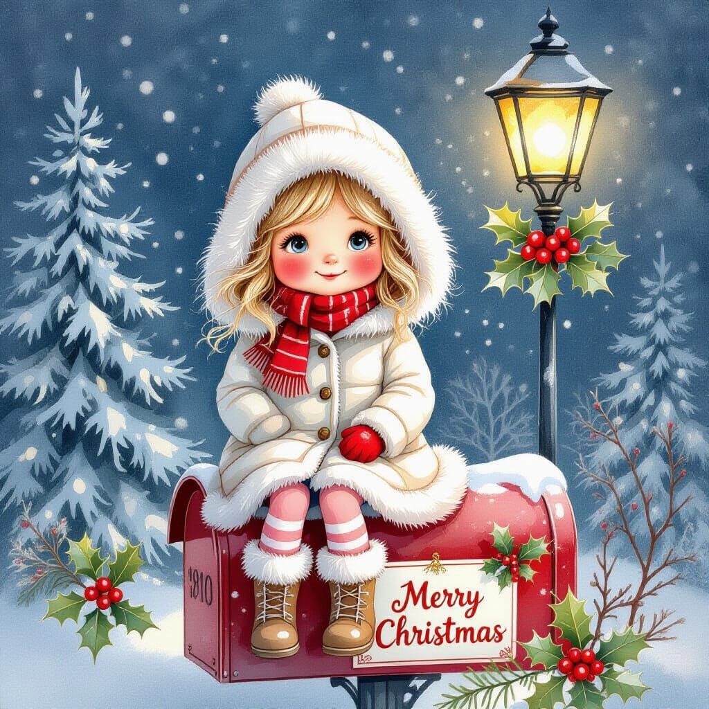 Charming Girl in Fur Coat on Mailbox, Snowy Holiday Evening