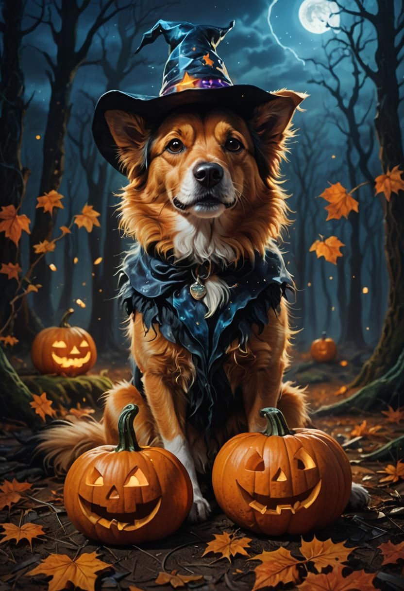 Dog Witch in Forest with Pumpkin Oil Painting