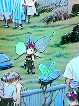 Young childlike pixie with butterfly wings on the back, plus 2 insect antennas on the head. anime