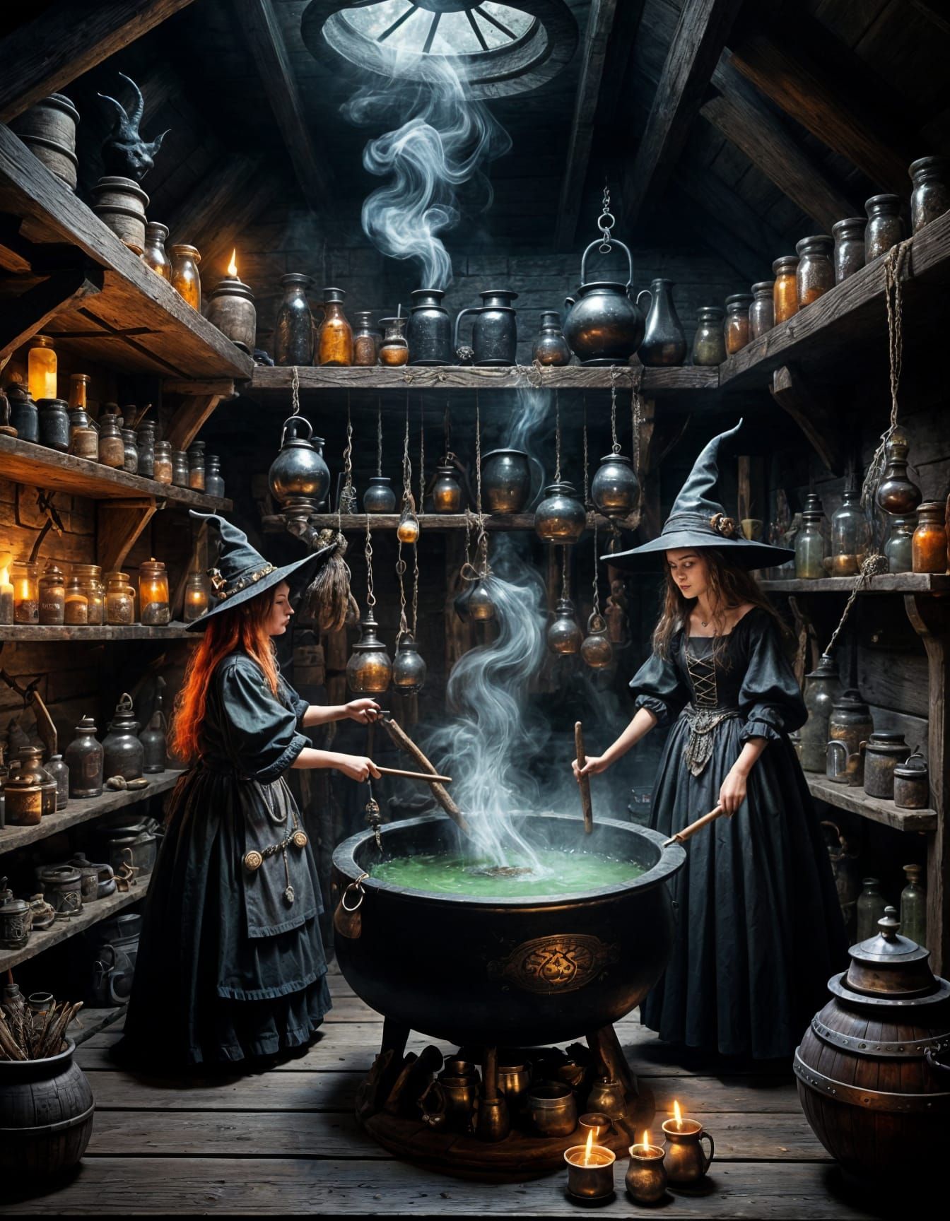 Witches Brewing Potion in Whimsical Hut