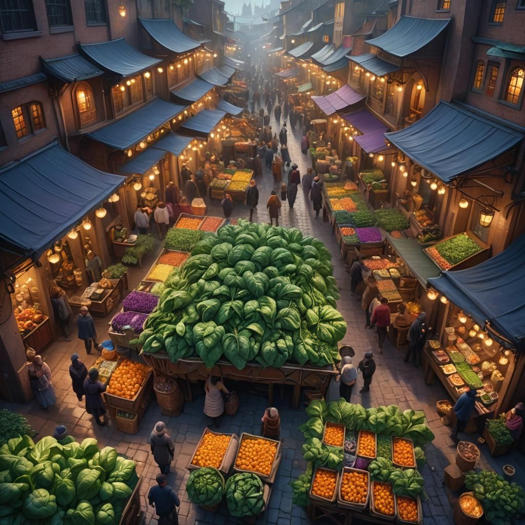 Glowing Spinach in Bustling Fantasy Market