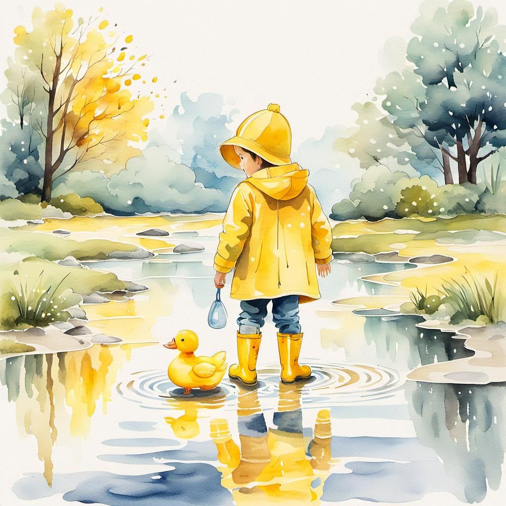 Child and Duck in Watercolor Puddle Scene