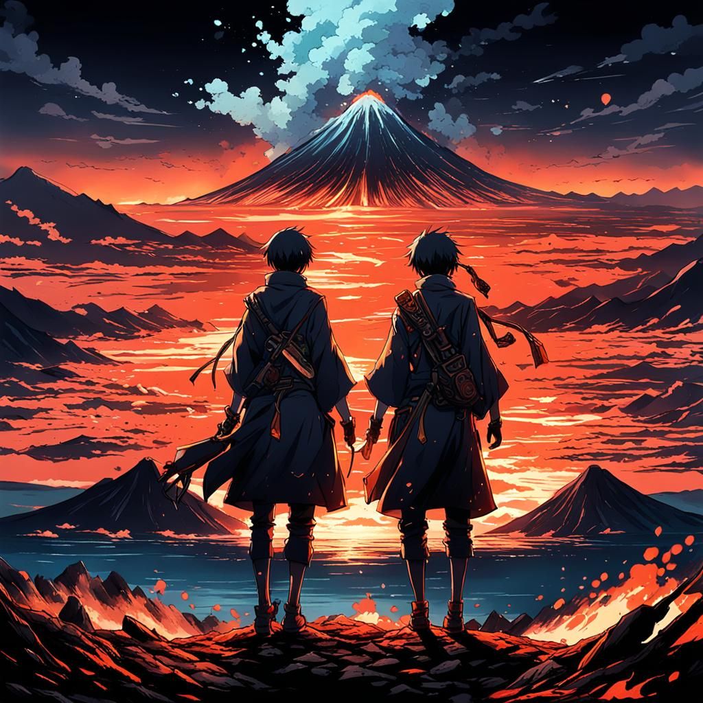 Anime Friends on Volcano Overlooking Sea