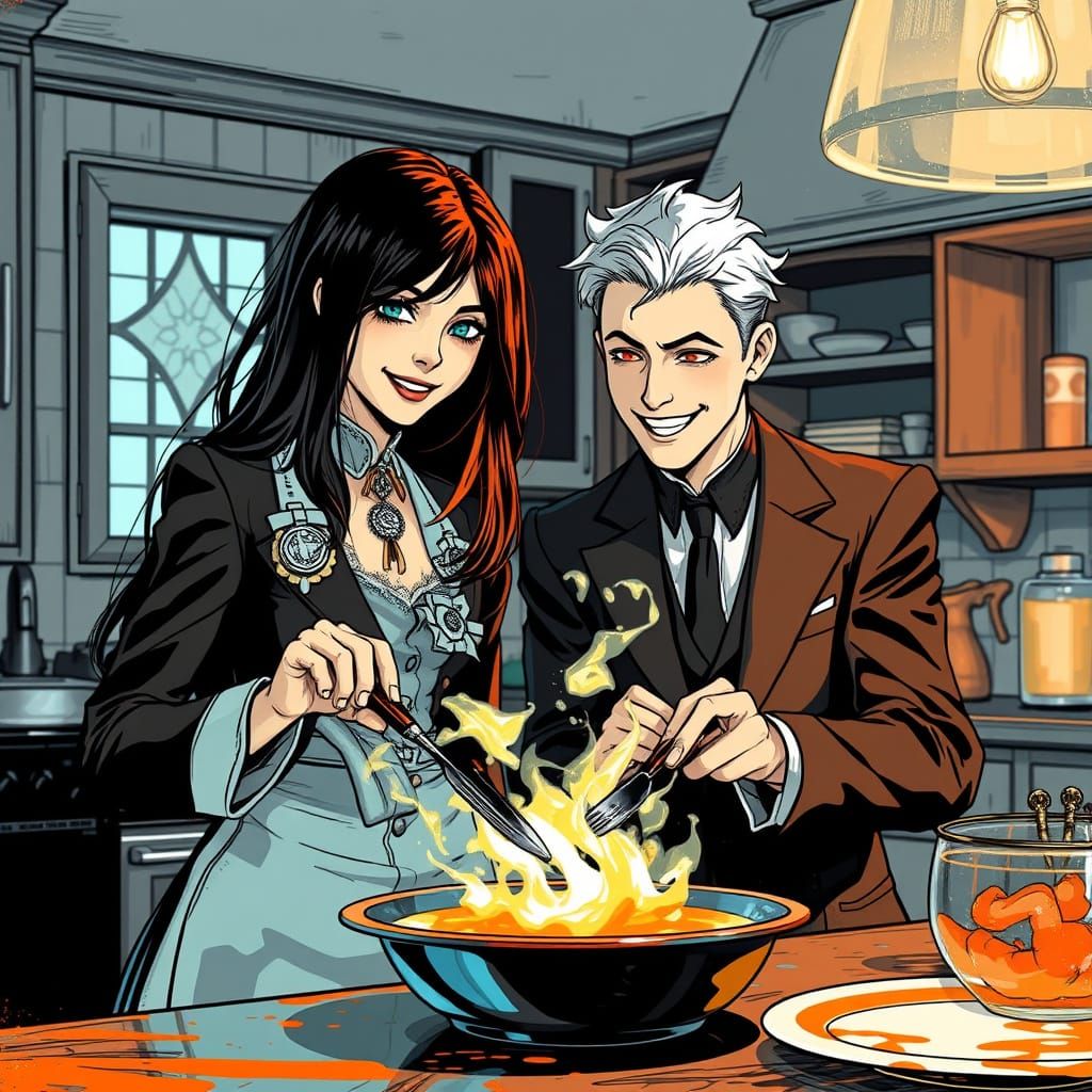 Gothic Lovers Share Joyful Moment in Kitchen