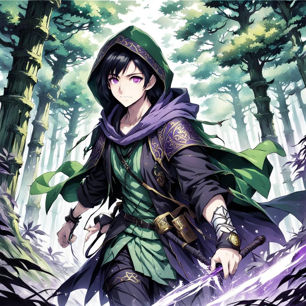 Anime Style: Young Adventurer in Purple Forest
