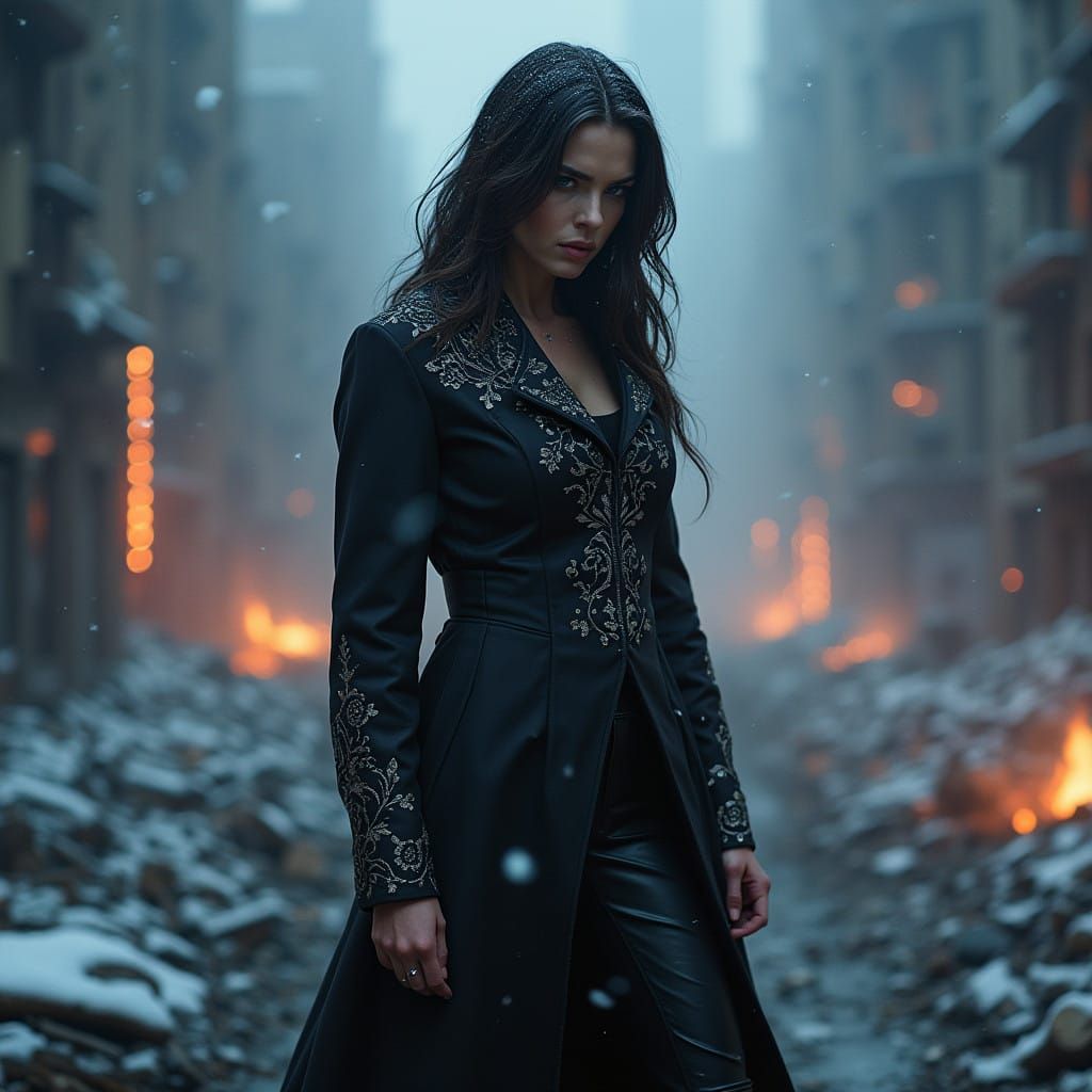 Sinister Female Magician Surveys Smoking Ruins in Hyperreali...