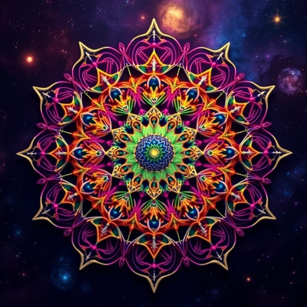 Colorful Fractal String Mandala with Cosmic Background