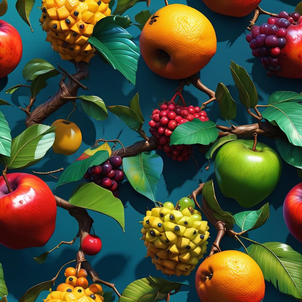Fanged Fruit Trees: Hyperrealistic Splash Art