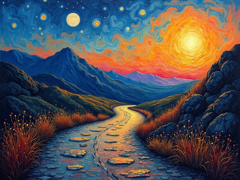 Road Through Valleys at Sunset: Van Gogh Style