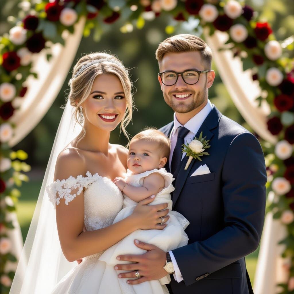 Joyful Wedding Day: Bride and Groom with Newborn