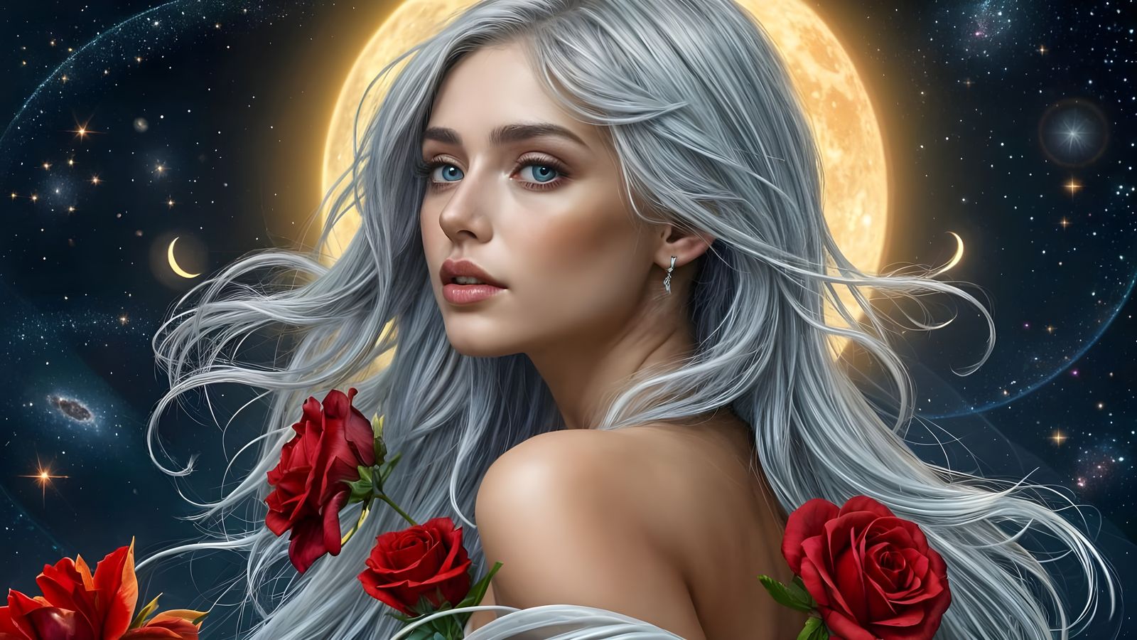 Celestial Woman Portrait with Roses and Stardust