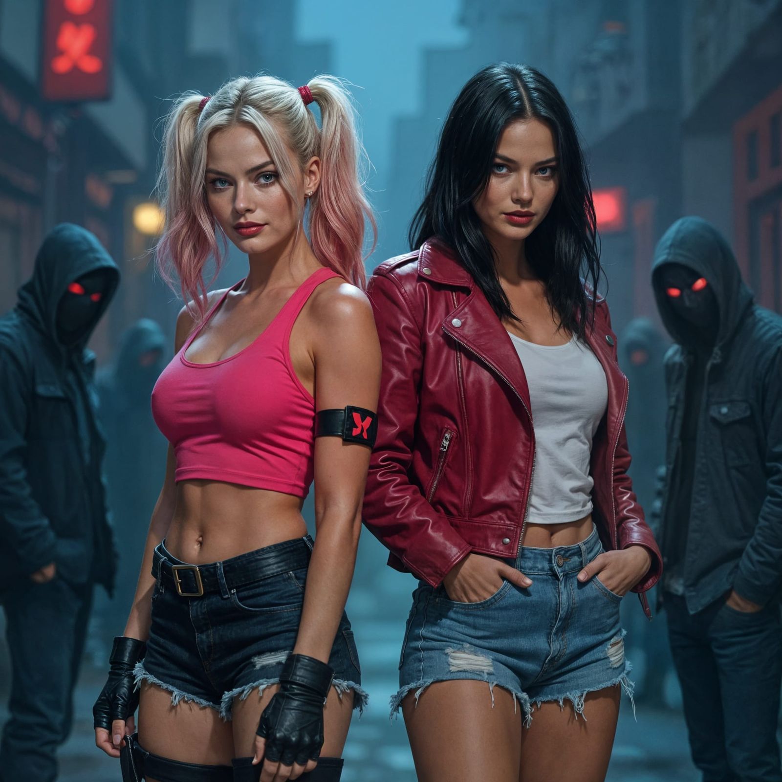 Harley Quinn and Psylocke in Ominous Cityscape