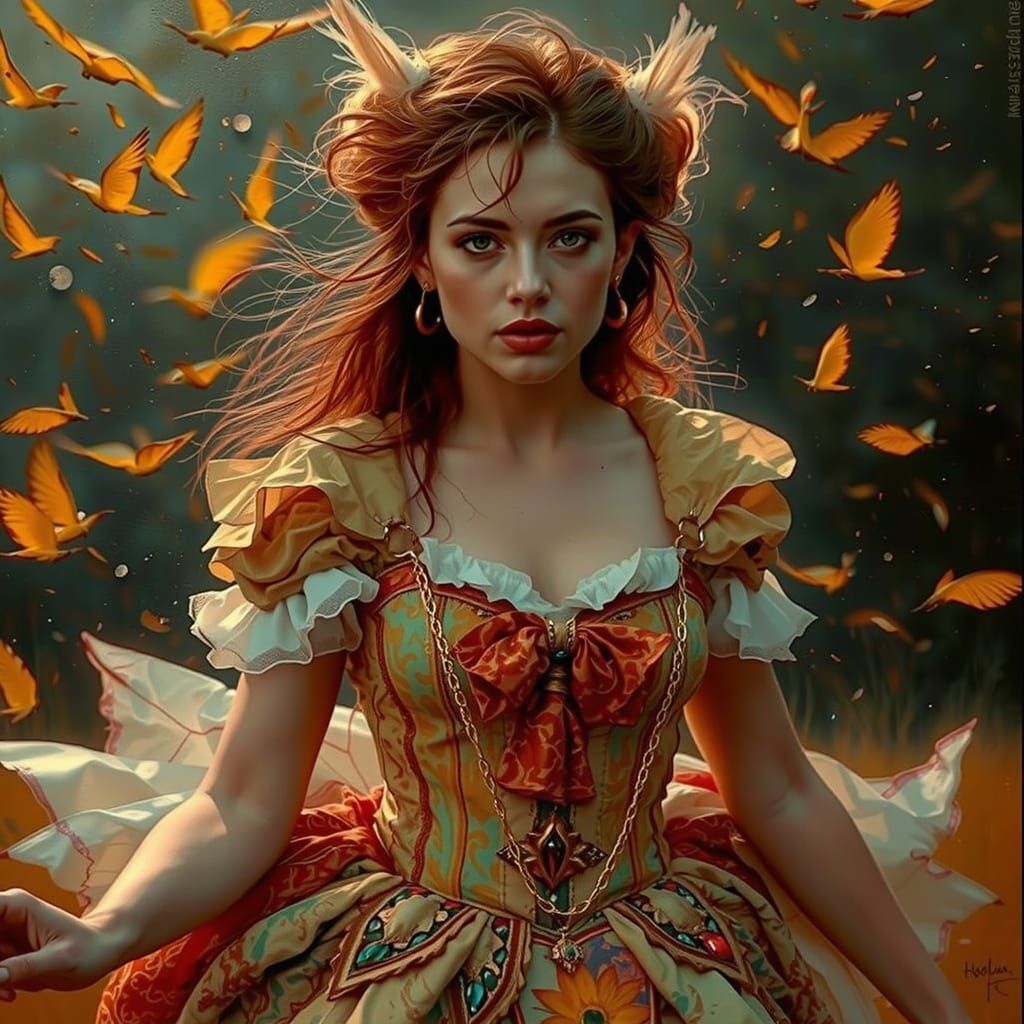 Glamorous Woman on Windswept Moor at Twilight, Oil Painting