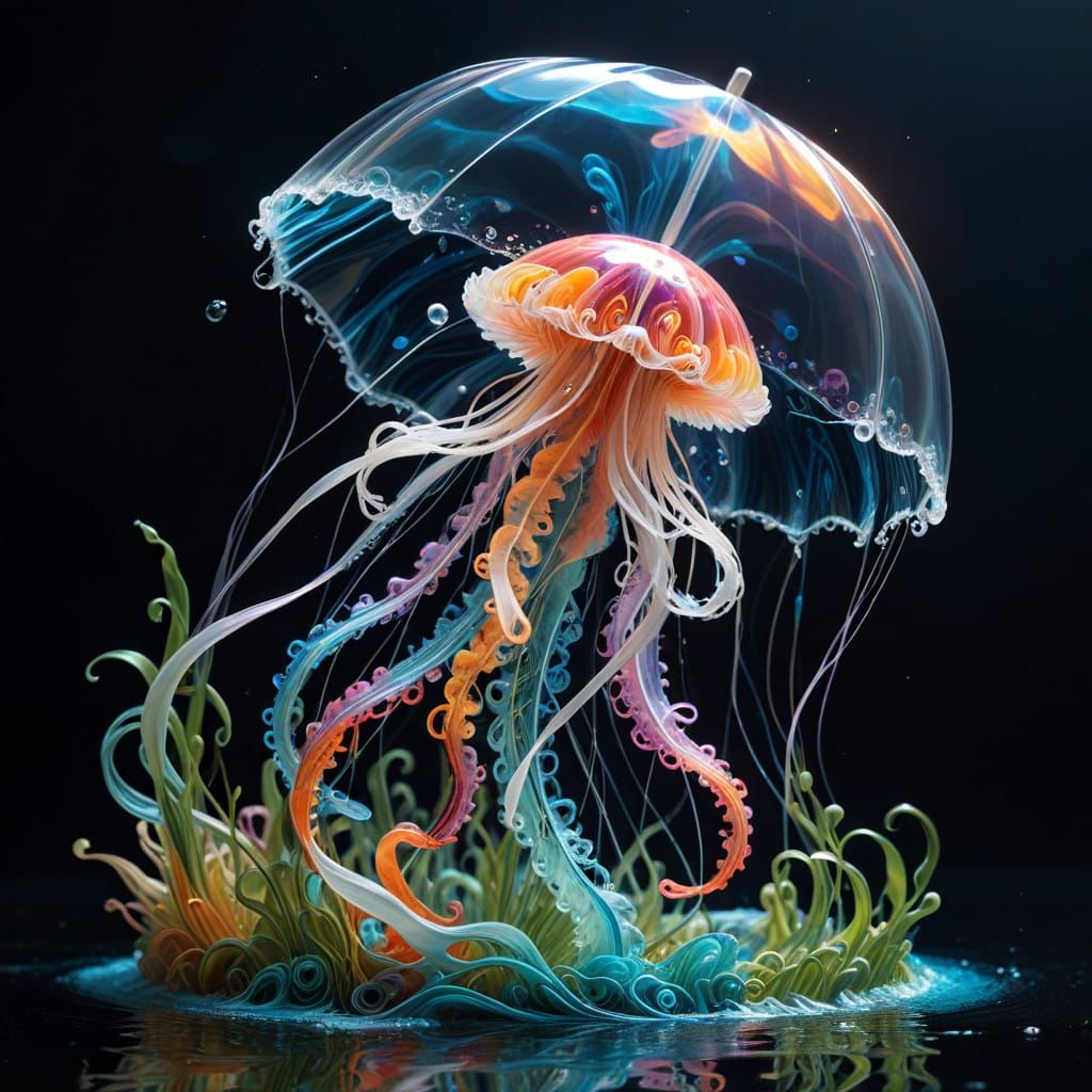Whimsical Underwater Scene with Iridescent Jellyfish and Col...