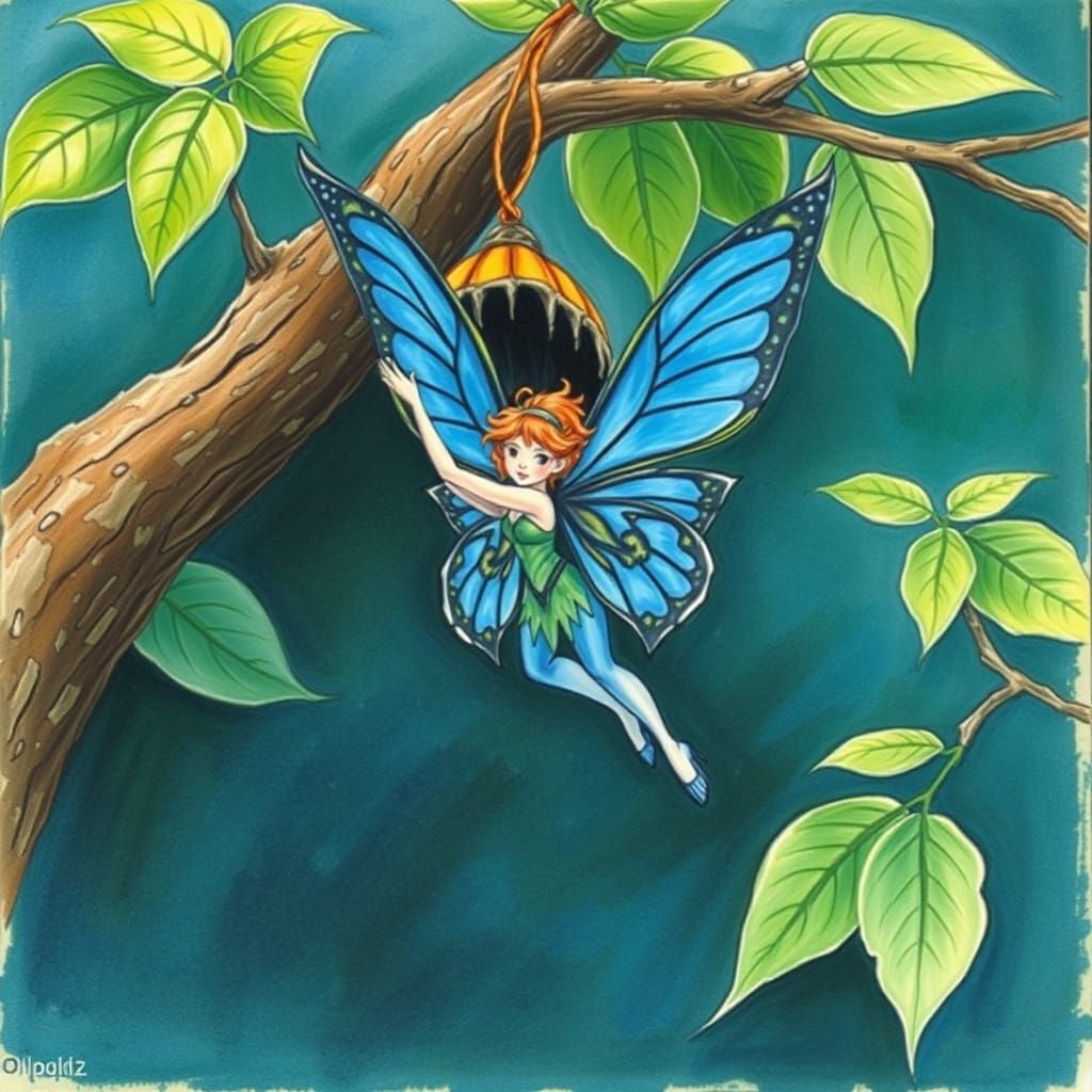 Fantasy Fairy Emerges from Cocoon on Branch in Whimsical Wat...
