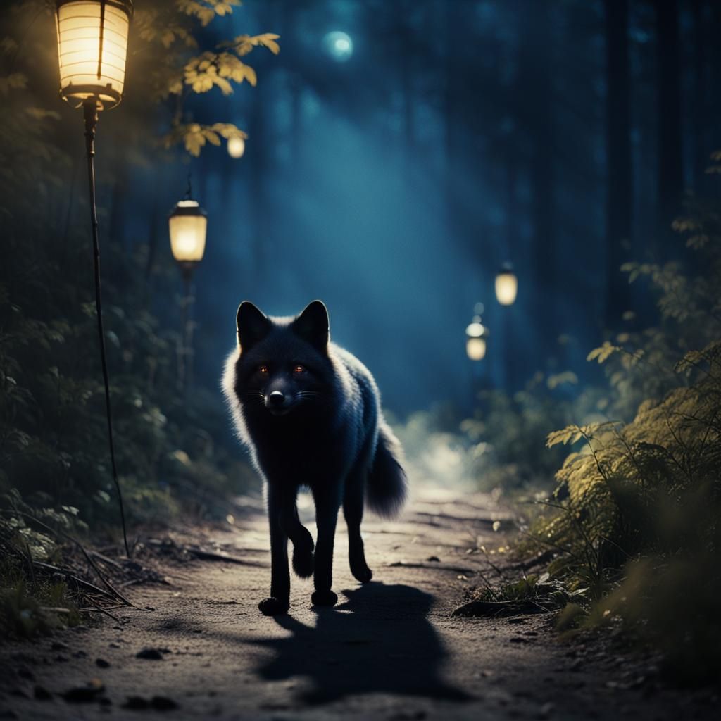 Cinematic Black Fox on Forest Path at Night