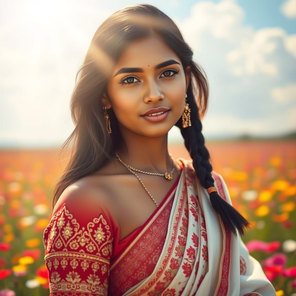Indian Woman in Spring Field, Raja Ravi Varma Style