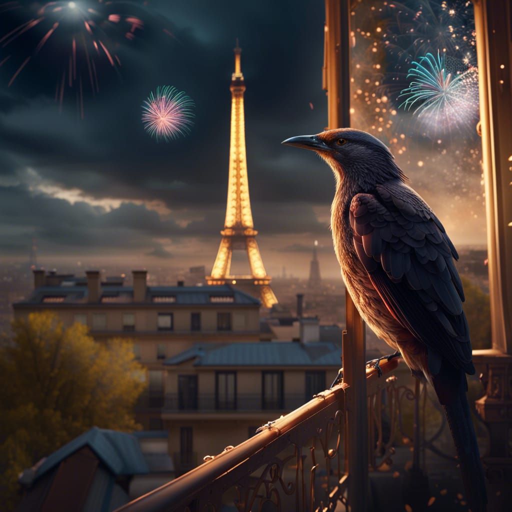 Bird on Paris Balcony with Eiffel Tower Fireworks