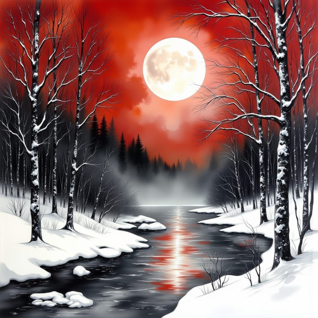 Crimson Winter Moon Over Snowy Lake with Waterfall