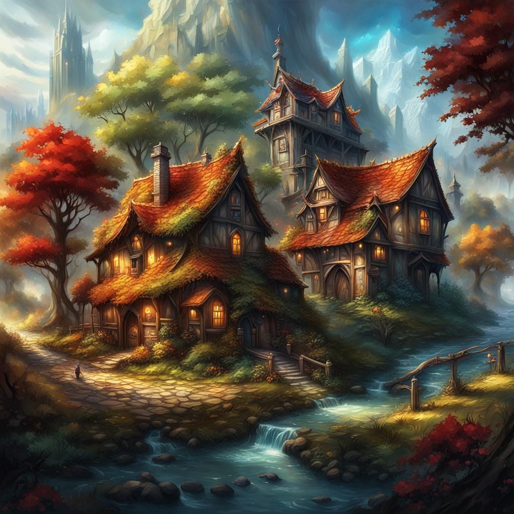 Village Scene on Leaf in Detailed Matte Painting Style