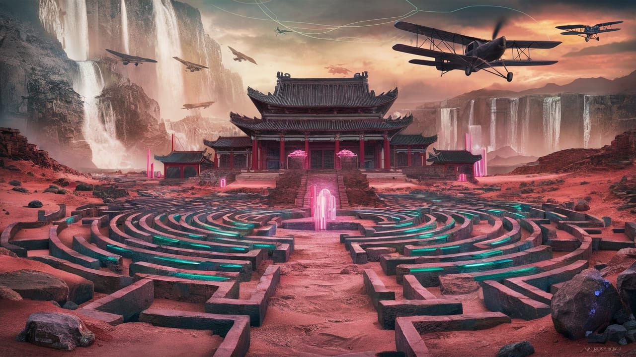 Cyberpunk Asian Temple with Desert Waterfalls