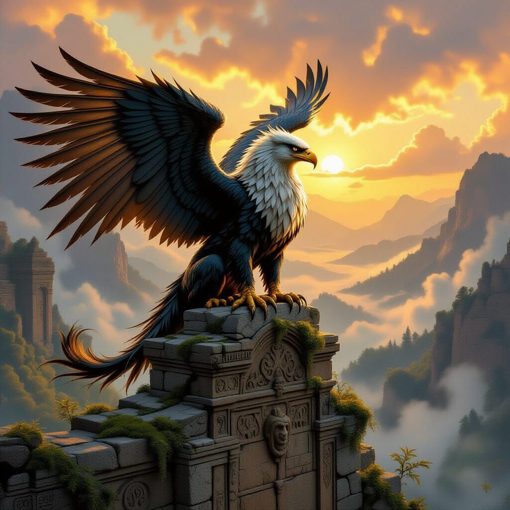 Majestic Griffin on Ancient Ruin at Dawn, Epic Fantasy Art