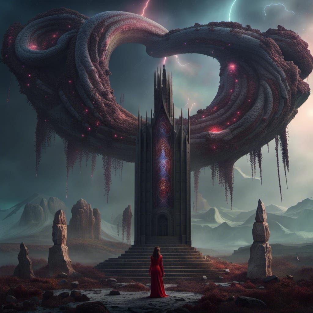 Dark Goddess with Snakes and Fantasy Castle